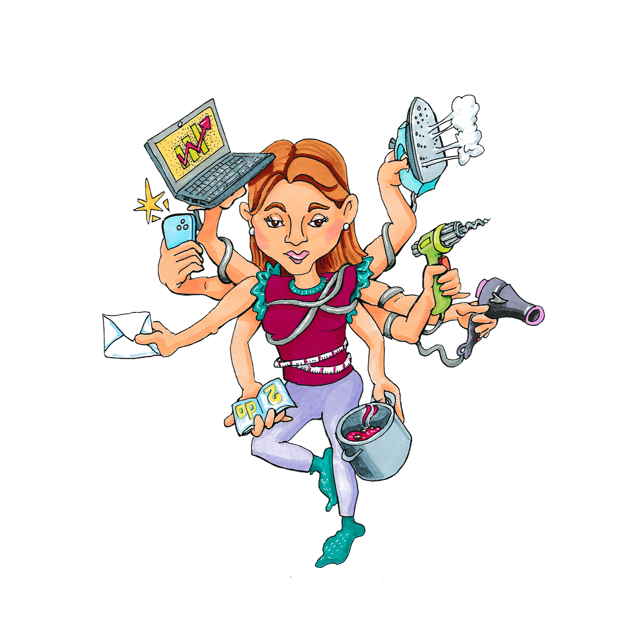 Person med många saker på gång